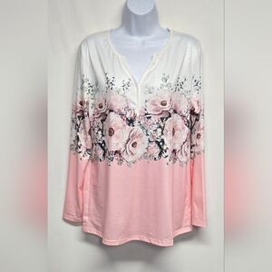 Long Sleeve Floral Top L Stretch Like New Pink White Green Pullover